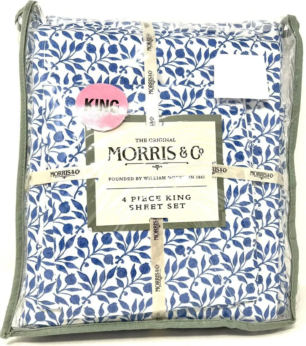 William Morris & Co. KING Sheet Set Blue White Blueberries 100% Cotton 4 pcs